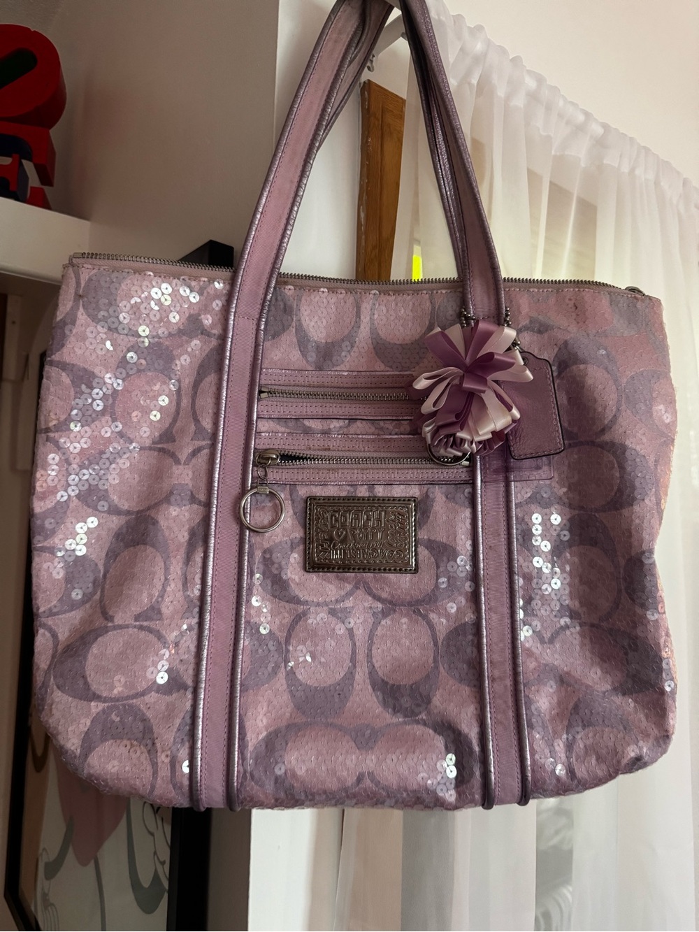 lavender Coach Poppy Signature Sequins tote